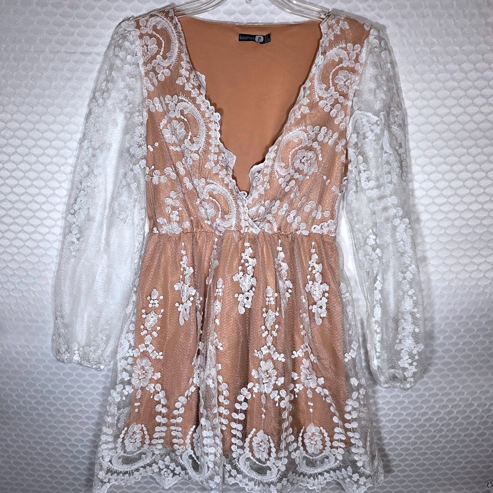 Boohoo Women Floral Lace Mesh Mini Dress Tan Nude Plunge Long Sleeve 12